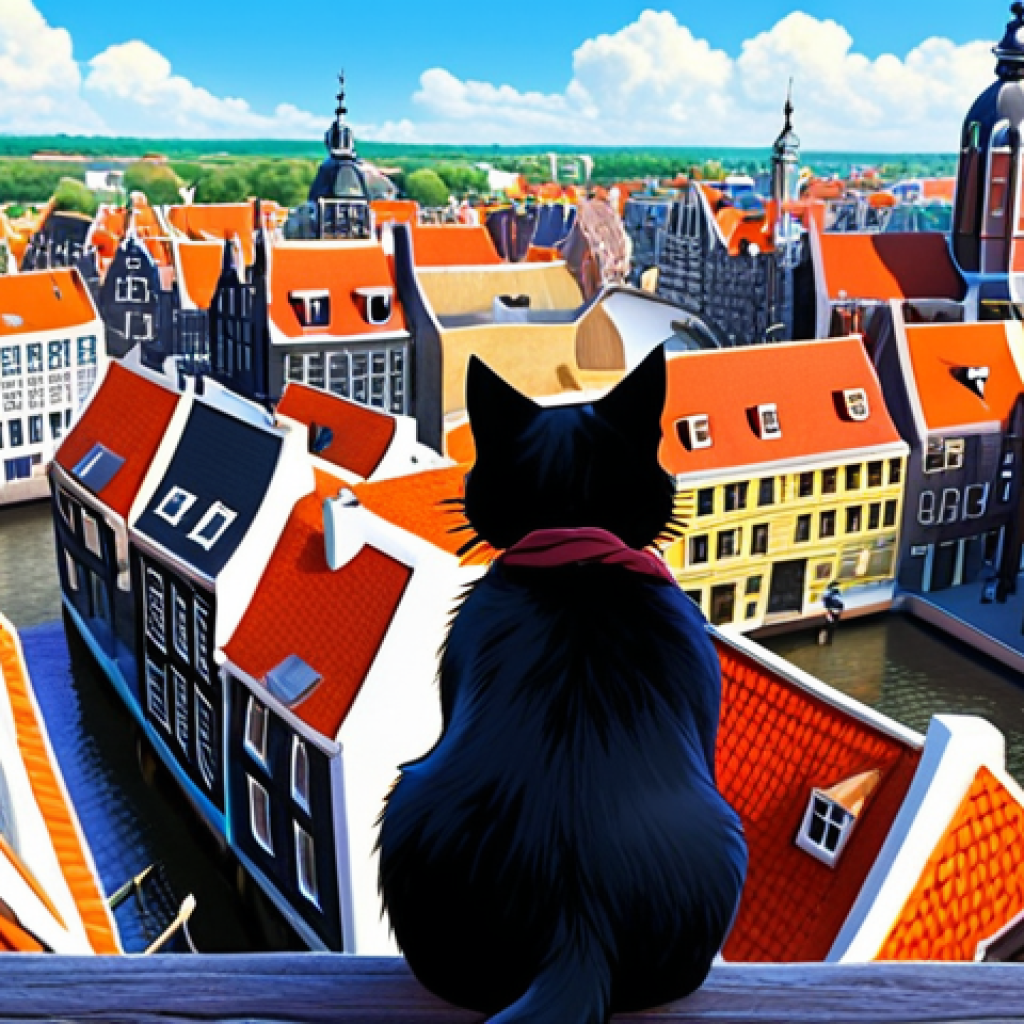 **

> A young witch, Kiki, with windblown hair, soars over a vibrant European-inspired city reminiscent of Amsterdam or Haarlem. Red rooftops, canals, and a bustling harbor fill the scene. Jiji, her black cat, peeks out from her shoulder. The style is inspired by Studio Ghibli's detailed animation, with a focus on the beauty of the Dutch-inspired architecture and landscape.

**