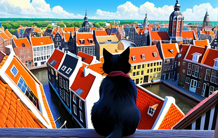 **

> A young witch, Kiki, with windblown hair, soars over a vibrant European-inspired city reminiscent of Amsterdam or Haarlem. Red rooftops, canals, and a bustling harbor fill the scene. Jiji, her black cat, peeks out from her shoulder. The style is inspired by Studio Ghibli's detailed animation, with a focus on the beauty of the Dutch-inspired architecture and landscape.

**