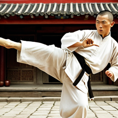 Home 14 **
A determined Jet Li as Huang Fei-hung in a dynamic martial arts pose, clinic Po-chi-lam in background, showing both his fighting skill and dedication to healing. Capture traditional Chinese values with modern western influence.
**