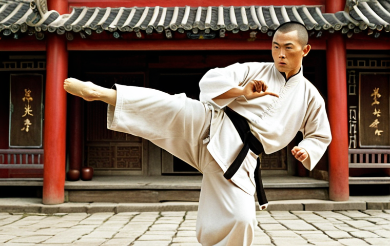 **

A determined Jet Li as Huang Fei-hung in a dynamic martial arts pose, clinic Po-chi-lam in background, showing both his fighting skill and dedication to healing. Capture traditional Chinese values with modern western influence.

**
