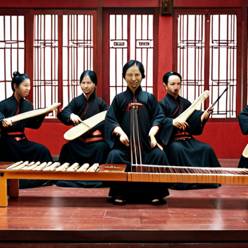 Home 7 **Prompt:** A dynamic composition blending traditional Chinese instruments (guzheng, pipa, erhu) with a Western orchestra. Incorporate film reels and a subtle, axe gang symbol to allude to "Kung Fu Hustle." Style: Vibrant, cinematic, and slightly surreal.