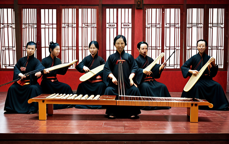 **Prompt:** A dynamic composition blending traditional Chinese instruments (guzheng, pipa, erhu) with a Western orchestra.  Incorporate film reels and a subtle, axe gang symbol to allude to "Kung Fu Hustle."  Style: Vibrant, cinematic, and slightly surreal.